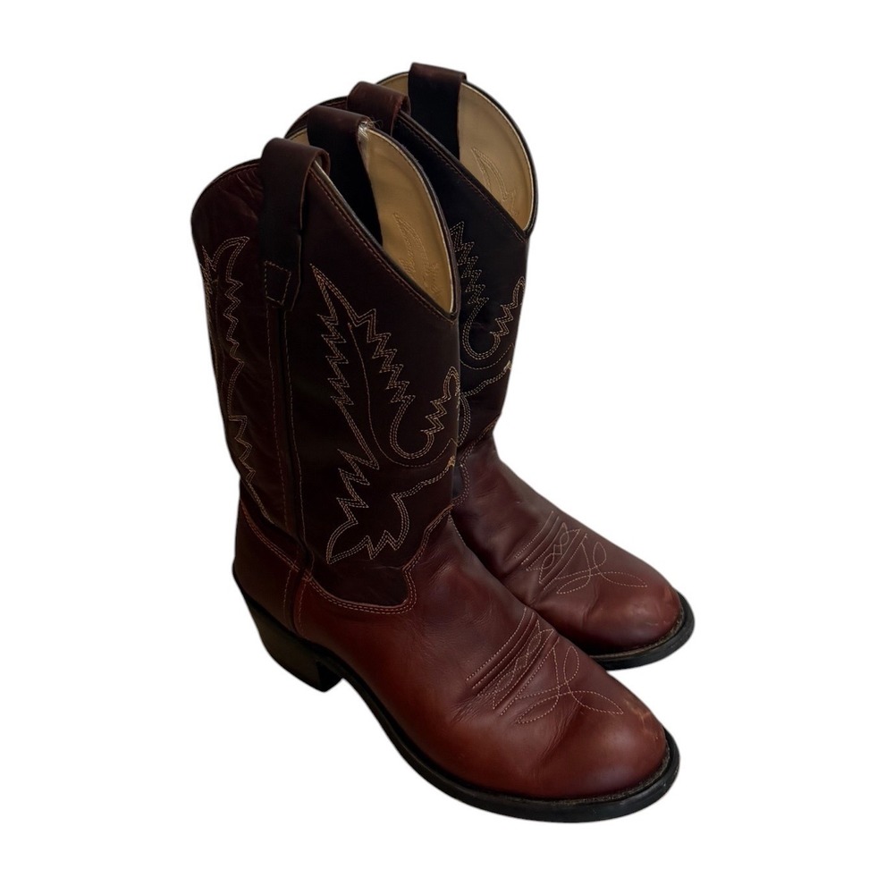 Old West Kids Brown Leather Cowboy Boots CCY1152G Youth Size 4 Round Toe Western